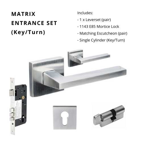 Matrix Rose Entrance Set, includes 8129, 1143, 8102E & 1148 (70mm Key/Turn) in Satin Chrome