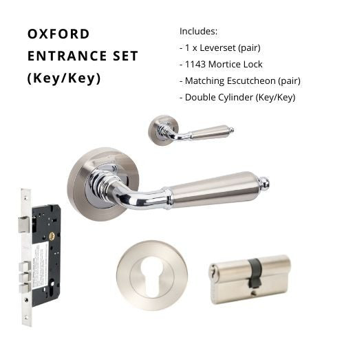 Oxford Entrance Set - Includes 10071, 1143, 9035 & 1121 (60mm Key/Key) in Brushed Nickel / Chrome Plated