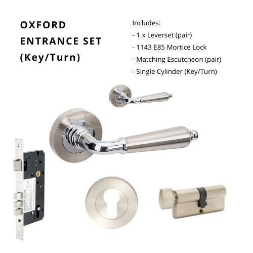Oxford Entrance Set - Includes 10071, 1143, 9035 & 1122 (60mm Key/Turn) in Brushed Nickel / Chrome Plated