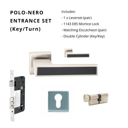 Polo - Nero Square Rose Entrance Set, Includes 8160, 1143, 8166 & 1148 (70mm Key/Turn) in Brushed Nickel