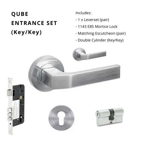 Qube Rose Entrance Set, Includes 7058, 1143, 7020 & 1121 (60mm Key/Key) in Satin Chrome