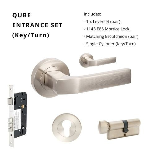 Qube Rose Entrance Set, Includes 7058, 1143, 7020 & 1122 (60mm Key/Turn) in Brushed Nickel