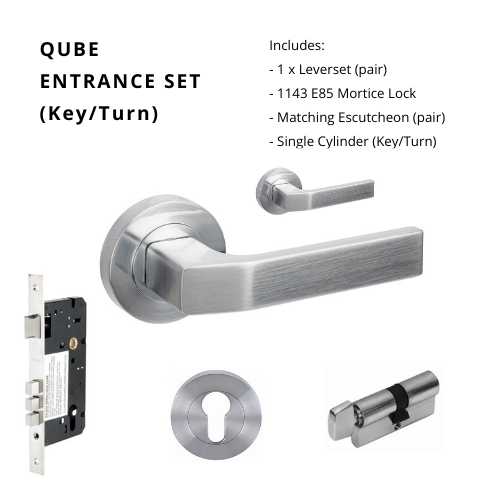 Qube Rose Entrance Set, Includes 7058, 1143, 7020 & 1122 (60mm Key/Turn) in Satin Chrome