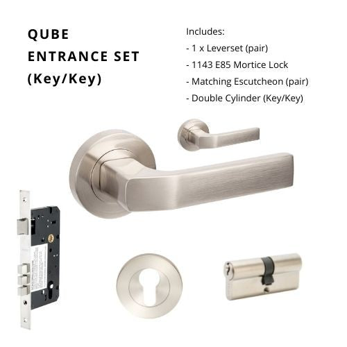 Qube Rose Entrance Set, Includes 7058, 1143, 7020 & 1147 (70mm Key/Key) in Brushed Nickel