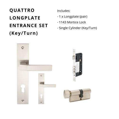 Quattro Longplate Entrance Set, includes 8126E85, 1143, 1122 (60mm Key/Turn) in Brushed Nickel