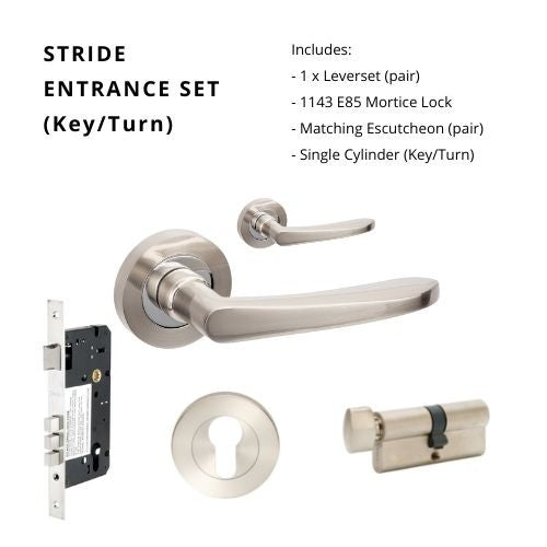 Stride Entrance Set - Includes 10040, 1143, 9035 & 1122 (60mm Key/Turn) in Brushed Nickel / Chrome Plated
