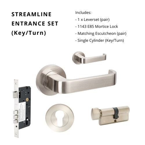Streamline Entrance Set - Includes 7313, 1143, 7020 & 1122 (60mm Key/Turn) in Brushed Nickel