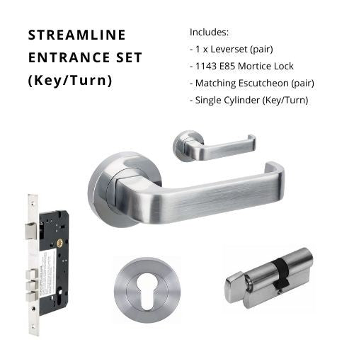 Streamline Entrance Set - Includes 7313, 1143, 7020 & 1122 (60mm Key/Turn) in Satin Chrome