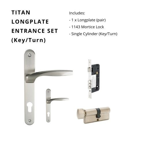 Titan Longplate Entrance Set, Includes 7112E85, 1143 & 1122 (60mm Key/Turn) in Brushed Nickel
