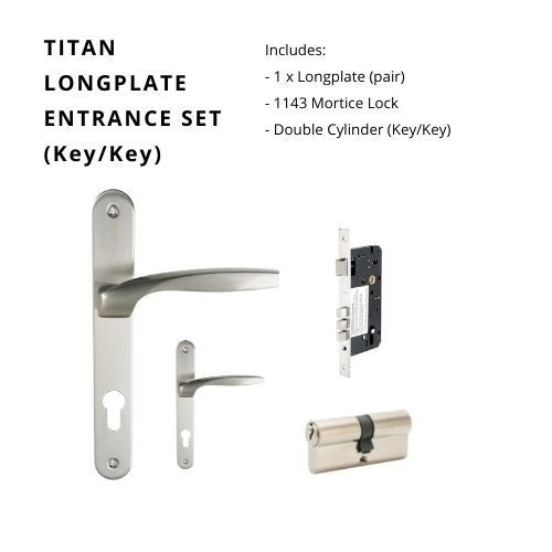 Titan Longplate Entrance Set, Includes 7112E85, 1143 & 1147 (70mm Key/Key) in Brushed Nickel