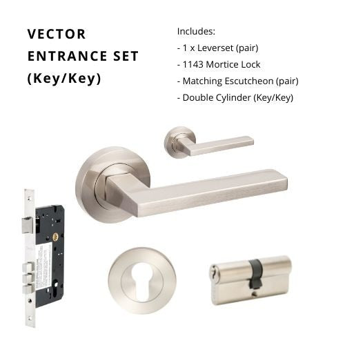 Vector Rose Entrance Set, Includes 7106, 1143, 7020 & 1121 (60mm Key/Key) in Brushed Nickel