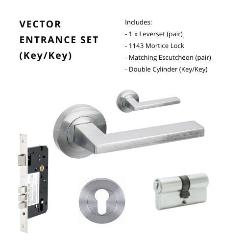 Vector Rose Entrance Set, Includes 7106, 1143, 7020 & 1121 (60mm Key/Key) in Satin Chrome