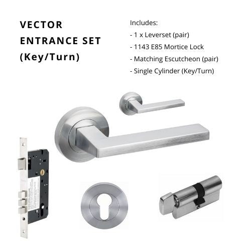 Vector Rose Entrance Set - includes 7106, 1143, 7020 & 1122 (60mm Key/Turn) in Satin Chrome