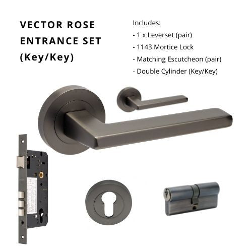 Vector Rose Entrance Set, Includes 7106, 1143, 7020 & 1147 (70mm Key/Key) in Graphite Nickel