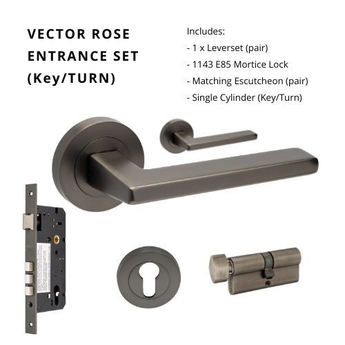 Vector Rose Entrance Set, Includes 7106, 1143, 7020 & 1148 (70mm Key/Turn) in Graphite Nickel