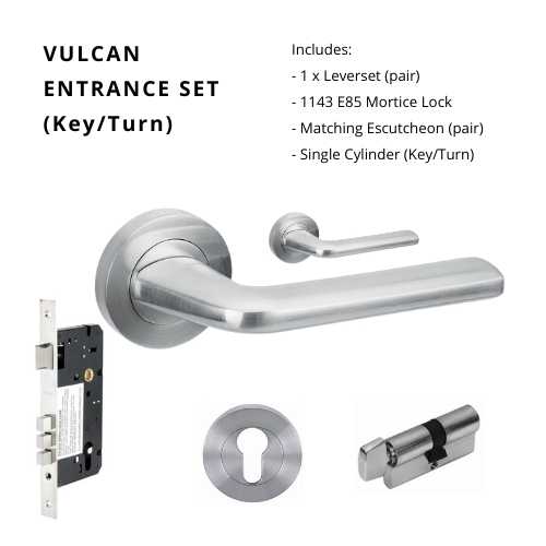 Vulcan Rose Entrance Set, Includes 7106, 1143, 7020 and 1122 (60mm Key/Turn) in Satin Chrome