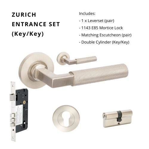 Zurich Rose Entrance Set, Includes 1143, 9349 & 1121 (60mm Key/Key) in Brushed Nickel