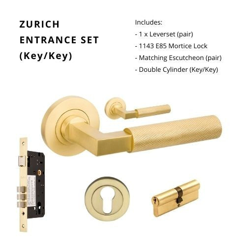 Zurich Rose Entrance Set, Includes 1143, 9349 & 1121 (60mm Key/Key) in Satin Brass