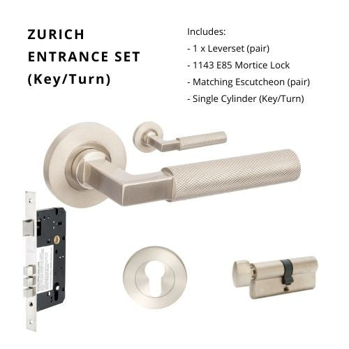Zurich Rose Entrance Set, Includes 1143, 9349 & 1148 (70mm Key/Turn) in Brushed Nickel