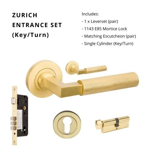 Zurich Rose Entrance Set, Includes 1143, 9349 & 1148 (70mm Key/Turn) in Satin Brass