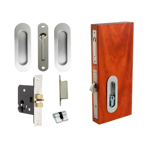 Oval Style Euro Sliding Lock Kit, 120 x 40mm in Satin Stainless