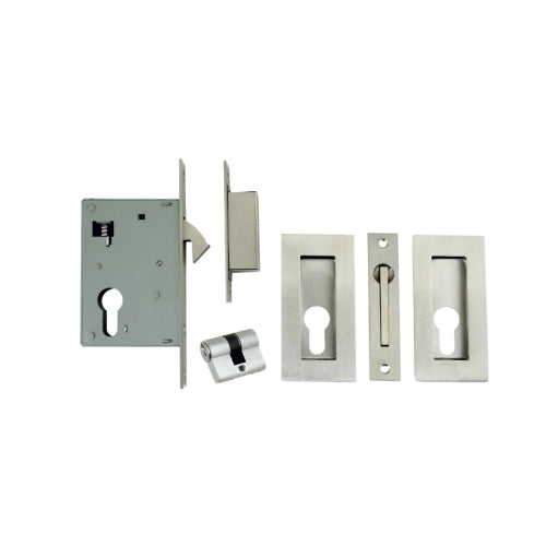 Square Style Euro Sliding Lock Kit, 102 x 51mm. Minimum door thickness 35mm in Satin Stainless