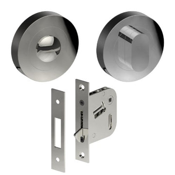 Complete Privacy Set inc. Thumb Turn and Emergency Release on Ø52mm Rose  (Concealed Fix), Universal Spindle and Sliding Door Hook Bolt in Polished Stainless