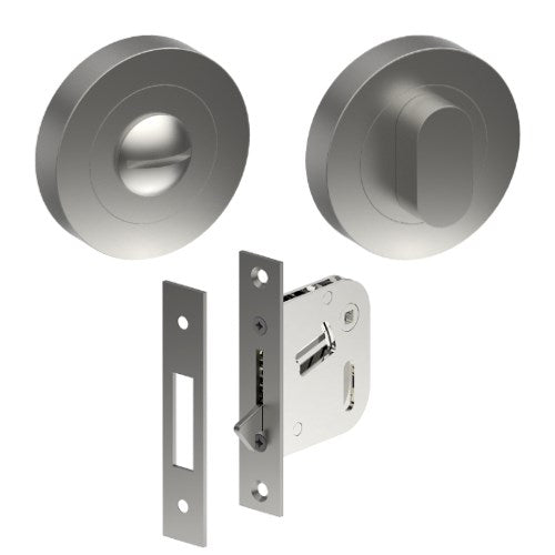 Complete Privacy Set inc. Thumb Turn and Emergency Release on Ø52mm Rose  (Concealed Fix), Universal Spindle and Sliding Door Hook Bolt in Satin Stainless