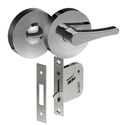 Complete Privacy Set inc. Disability Thumb Turn and Indicating Emergency Release on Ø52mm Rose  (Concealed Fix), Universal Spindle and Sliding Door Hook Bolt in Polished Stainless