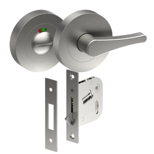 Complete Privacy Set inc. Disability Thumb Turn and Indicating Emergency Release on Ø52mm Rose  (Concealed Fix), Universal Spindle and Sliding Door Hook Bolt in Satin Stainless