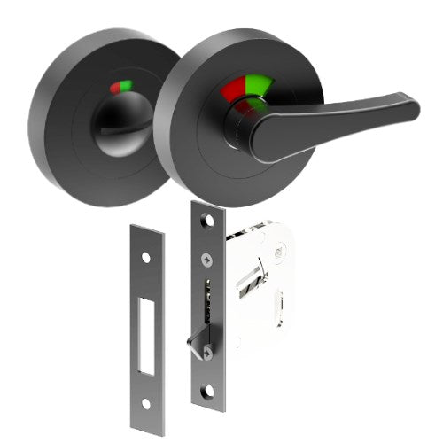 Complete Privacy Set inc. Disability Indicating Thumb Turn and Indicating Emergency Release on Ø52mm Rose  (Concealed Fix), Universal Spindle and Sliding Door Hook Bolt in Black