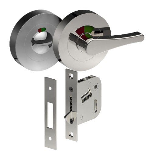 Complete Privacy Set inc. Disability Indicating Thumb Turn and Indicating Emergency Release on Ø52mm Rose  (Concealed Fix), Universal Spindle and Sliding Door Hook Bolt in Polished Stainless