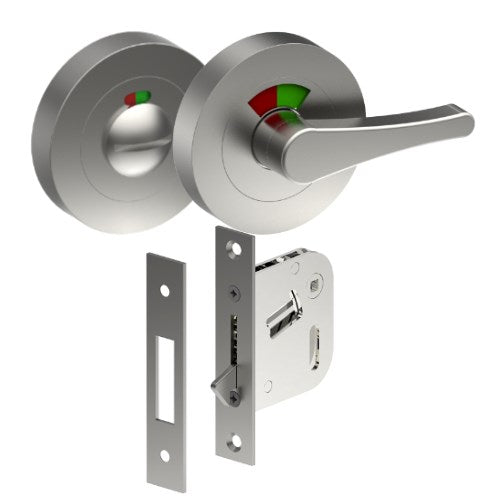 Complete Privacy Set inc. Disability Indicating Thumb Turn and Indicating Emergency Release on Ø52mm Rose  (Concealed Fix), Universal Spindle and Sliding Door Hook Bolt in Satin Stainless