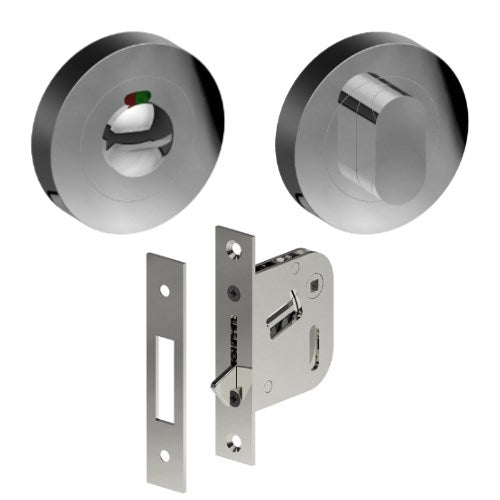 Complete Privacy Set inc. Thumb Turn and Indicating Emergency Release on Ø52mm Rose  (Concealed Fix), Universal Spindle and Sliding Door Hook Bolt in Polished Stainless