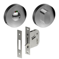 Complete Privacy Set inc. Thumb Turn and Indicating Emergency Release on Ø52mm Rose  (Concealed Fix), Universal Spindle and Sliding Door Hook Bolt in Polished Stainless Steel
