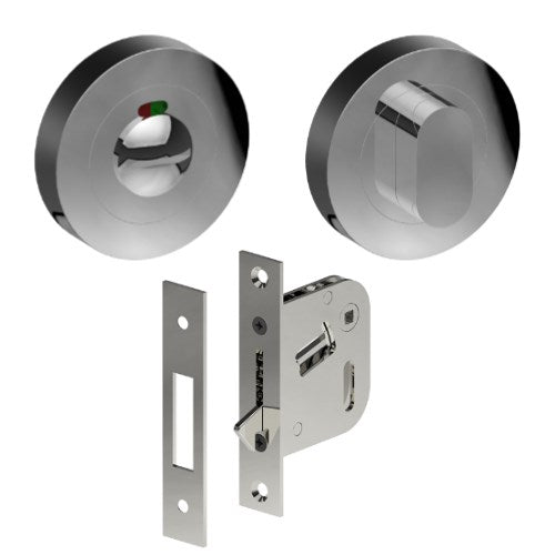 Complete Privacy Set inc. Thumb Turn and Indicating Emergency Release on Ø52mm Rose  (Concealed Fix), Universal Spindle and Sliding Door Hook Bolt in Polished Stainless Steel