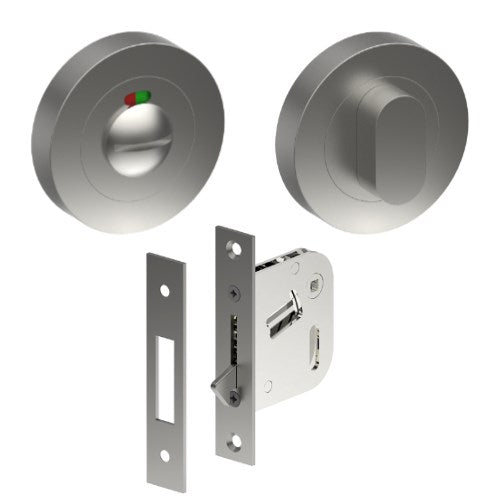 Complete Privacy Set inc. Thumb Turn and Indicating Emergency Release on Ø52mm Rose  (Concealed Fix), Universal Spindle and Sliding Door Hook Bolt in Satin Stainless