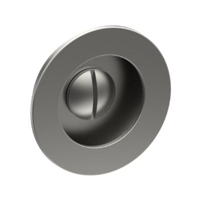 Round, Sliding Door, Flush Pull Handle with Emergency Release (Single). Solid Stainless Steel. 65mm dia (face) 54mm dia (rear). Invisible Fix (no screw holes) in Satin Stainless