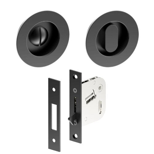 Complete Ø65mm Flush Pull, Privacy Set inc. Thumb Turn and Emergency Release (Concealed Glue Fix), Universal Spindle and Sliding Door Hook Bolt (min door thickness 32mm) in Black