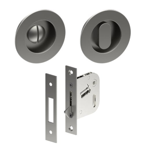Complete Ø65mm Flush Pull, Privacy Set inc. Thumb Turn and Emergency Release (Concealed Glue Fix), Universal Spindle and Sliding Door Hook Bolt (min door thickness 32mm) in Satin Stainless