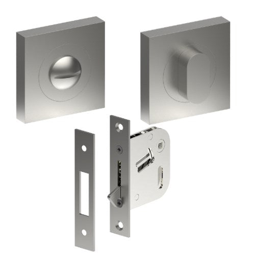 Complete Privacy Set inc. Thumb Turn and Emergency Release on 52mm x 52mm Rose  (Concealed Fix), Universal Spindle and Sliding Door Hook Bolt in Satin Stainless