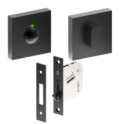 Complete Privacy Set inc. Thumb Turn and Emergency Release on 52mm x 52mm Rose  (Concealed Fix), Universal Spindle and Sliding Door Hook Bolt in Black