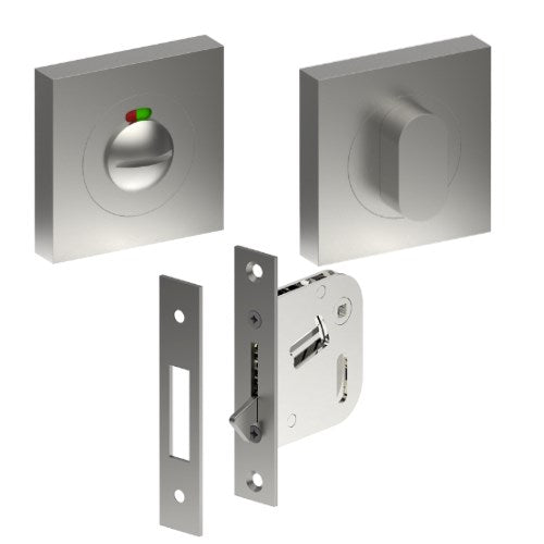 Complete Privacy Set inc. Thumb Turn and Emergency Release on 52mm x 52mm Rose  (Concealed Fix), Universal Spindle and Sliding Door Hook Bolt in Satin Stainless