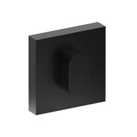 Black thumb turn on 52mm square rose from Style Finish Doorware, showing the modern hardware design and square rose.