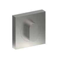 Thumb turn on 52mm square rose by Style Finish Doorware, showing a polished metal lock handle with square rose base.