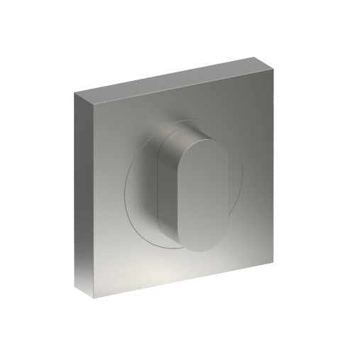 Thumb turn on 52mm square rose by Style Finish Doorware, showing a polished metal lock handle with square rose base.