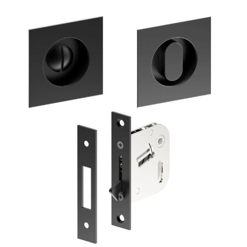 Complete 65mm x 65mm Flush Pull, Privacy Set inc. Thumb Turn and Emergency Release (Concealed Glue Fix), Universal Spindle and Sliding Door Hook Bolt (min door thickness 32mm) in Black