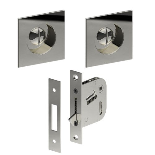 Complete 65mm x 65mm Flush Pull, Privacy Set inc. Thumb Turn and Emergency Release (Concealed Glue Fix), Universal Spindle and Sliding Door Hook Bolt (min door thickness 32mm) in Polished Stainless