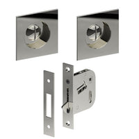 Complete 65mm x 65mm Flush Pull, Privacy Set inc. Thumb Turn and Emergency Release (Concealed Glue Fix), Universal Spindle and Sliding Door Hook Bolt (min door thickness 32mm) in Polished Stainless Steel