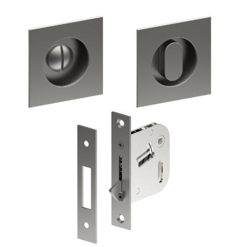 Complete 65mm x 65mm Flush Pull, Privacy Set inc. Thumb Turn and Emergency Release (Concealed Glue Fix), Universal Spindle and Sliding Door Hook Bolt (min door thickness 32mm) in Satin Stainless